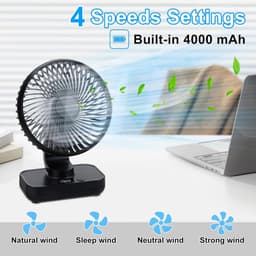Zakventilator - Draagbare USB-bureauventilator - Ultrastille automatische oscillatie 120° - Krachtige oplaadbare batterij van 4000 mAh - Mini-bureauventilator - 4 snelheden - Kleine ventilator voor thuis, slaapkamer en buiten - Zwart — thumbnail 3