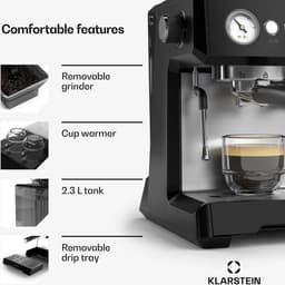 Klarstein GrandPresso espressomachine met ingebouwde molen – 20 bar, 1350 W, geïntegreerde precisiemolen, stoommondstuk, 2,3 liter waterreservoir, zwart, kopjeswarmer — thumbnail 2