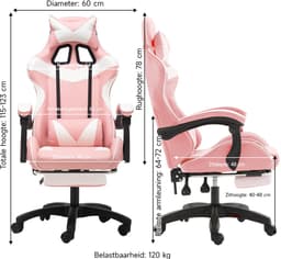 GOTAGEE Gamingstoel Bureaustoel Ergonomische Gamestoel Met Lendensteun un voetpedalen Hoogte en Ligfunctie Wit-Roze — thumbnail 4