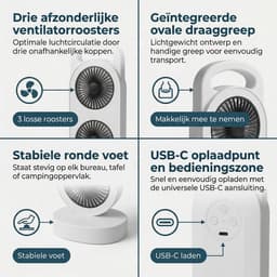 Cheqo® Tafelventilator - Tafel Ventilator - Kolomventilator - Mini Ventilator - Kleine Ventilator - USB Ventilator - Oplaadbare Ventilator - Draadloze Ventilator - Bureauventilator - Witte Ventilator - Zwenkende Ventilator — thumbnail 4