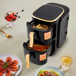 Dubbele Heteluchtfriteuse - Grote Airfryer - Gezinsmaaltijden - Dubbele Mand Technologie - 2x 6.34 QT - Zwart Goud — thumbnail 4