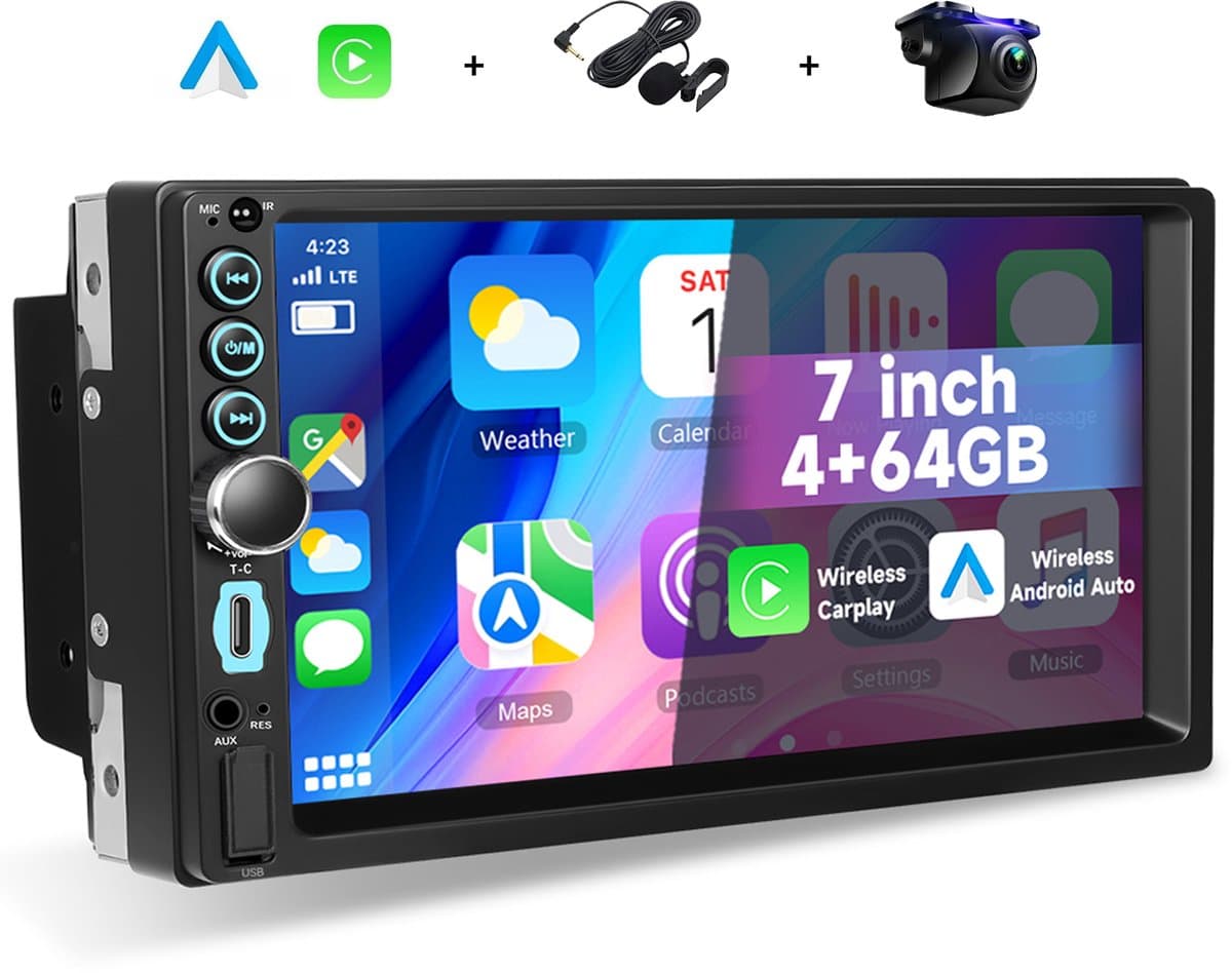 Boscer Autoradio 2Din Universeel - Android 15 - Apple Carplay & Android Auto (Draadloos) - 7 Inch HD Touchscreen - 4+64GB - GPS Navigatiesysteem - USB, USB-C, Aux, SD, WiFi, Bluetooth - MP5 - Achteruitrijcamera & Microfoon — afbeelding 1