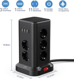 Power Strip with USB Ports - 11 Outlet Surge Protector with Switch, Child Safety Covers, 1 USB-C and 3 USB-A Ports - 1.8m Extension Cord for Kitchen Use — thumbnail 4