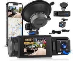 SnelShoppen - 3-Kanaals Dashcam Met Voor, Achter En Interne Camera, 1080p, App Controle, Nachtzicht, G-Sensor, Parkeerhulp, 24-Uurs Bewaking