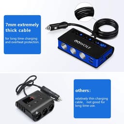 SnelShoppen - OOWOLF Sigarettenaansteker Auto, 3-Way 180W 12V/24V Auto Distributeur Socket met QC 3.0 Snellader, Voltmeter en 4 USB Poorten voor GPS, — thumbnail 4