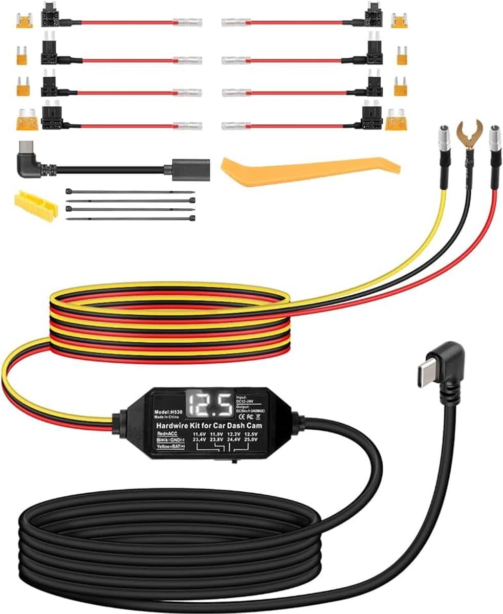 Dash Cam Hardwire Kit met Multi Size Zekering, 12V-24V naar 5V/3A USB C Dash Camera Hardwire Kit met Digitaal Display en Lage Spanningsbescherming, Pry Tool, ACC-modus, voor Dash Camera — afbeelding 1