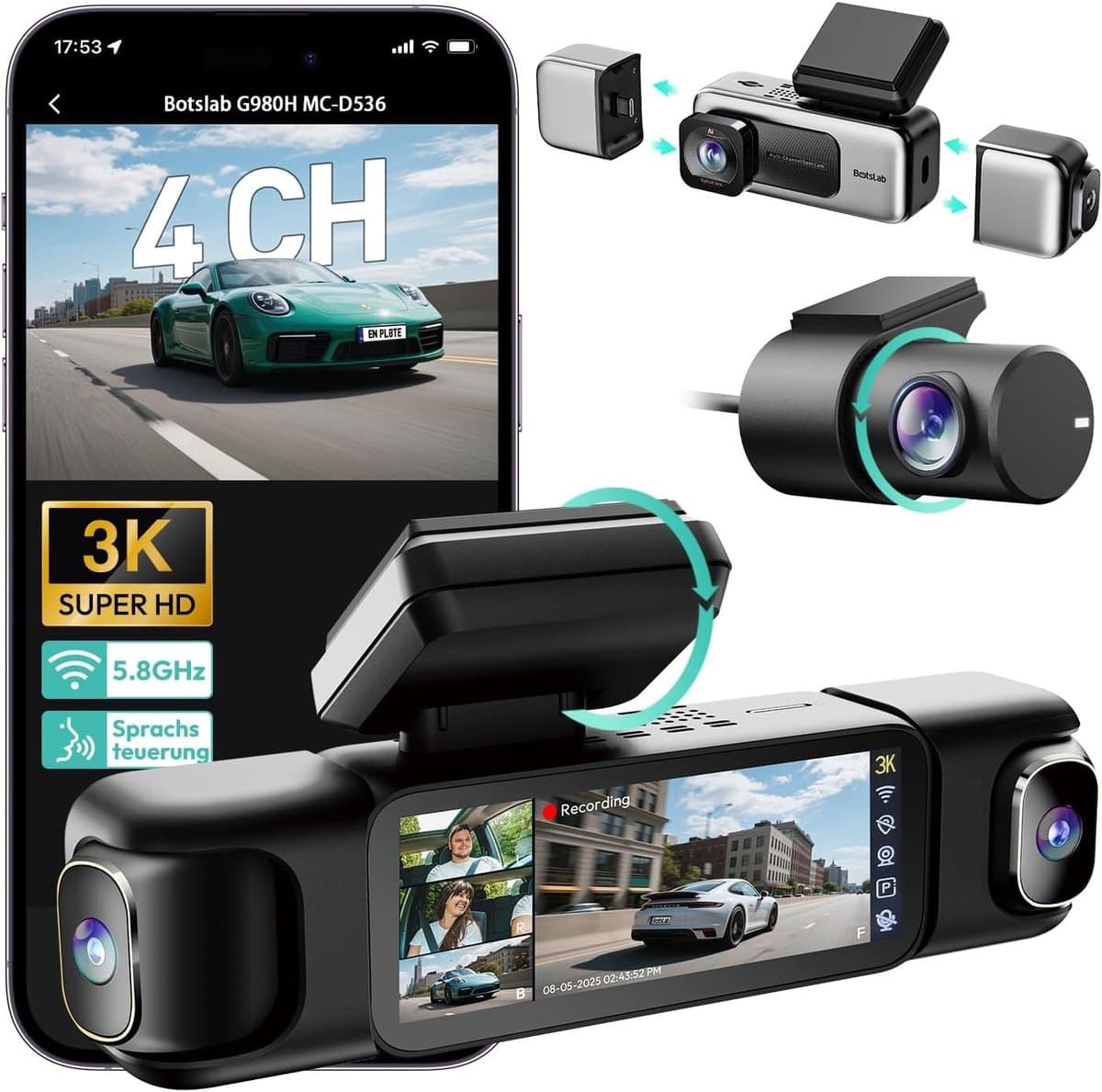 Dashcam voor auto - Zwart - G980H 4CH zonder kaart - 4-kanaals 3K + 3 x 1080p met GPS en 3,18 inch IPS-scherm - Voor volledige rijveiligheid — afbeelding 1