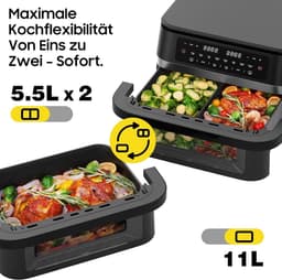 Hete Lucht Frituurpan - Dubbele Kamer - Gezond Koken - Afneembaar Tussenschot - 11 Liter XXL - Zwart — thumbnail 5