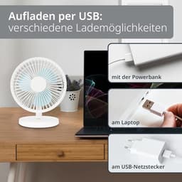 USB Tafelventilator Draadloos – Stil – Oplaadbaar met 3 Snelheden – 7,5 Uur Accuduur – 90° Kantelbaar Wit — thumbnail 4