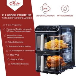 Heteluchtfriteuse Dubbel - Verticale Airfryer - Gezond Koken - Dubbele Kamer - 11 Liter - Zwart — thumbnail 5
