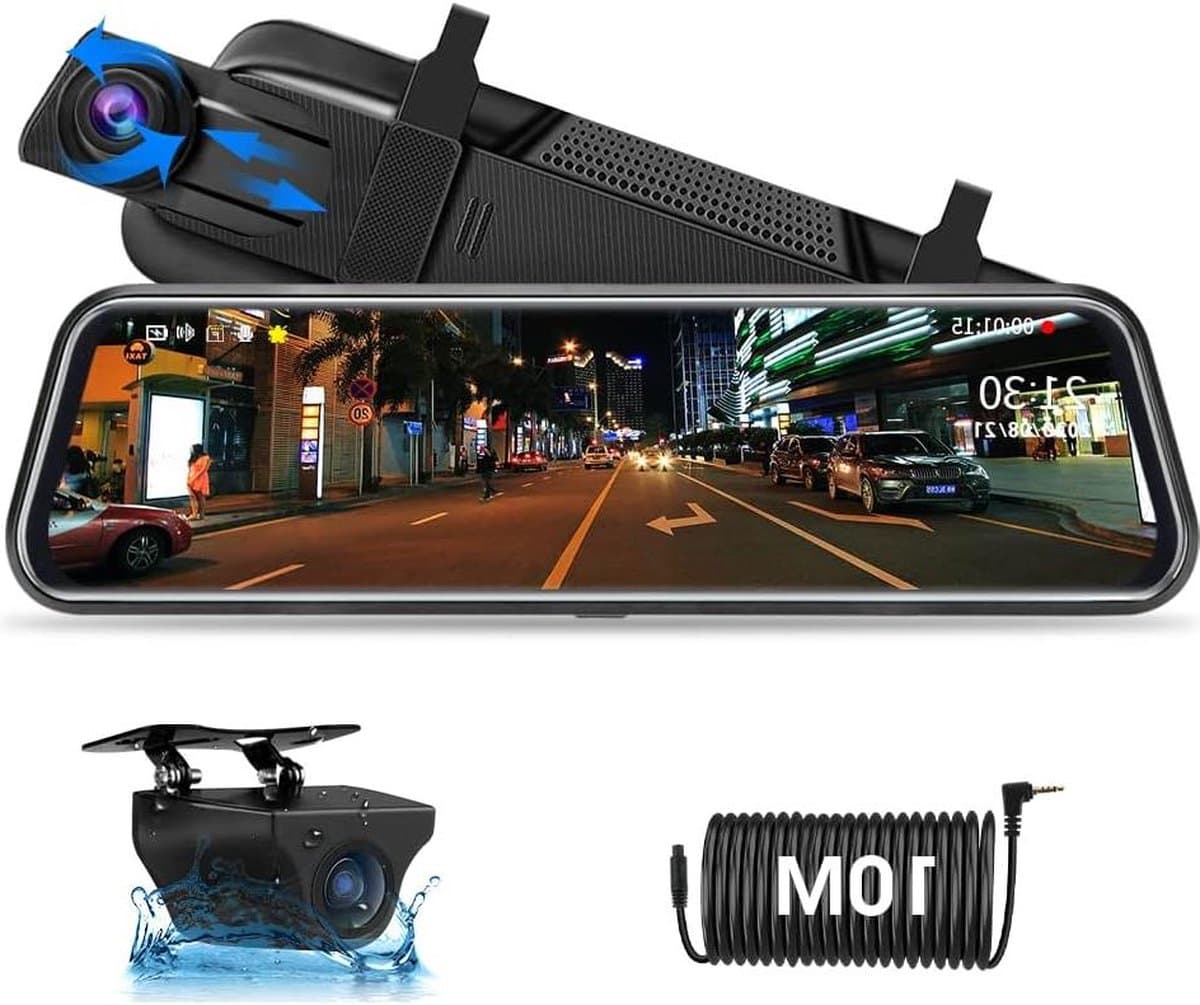 10 inch/24 cm dashcam met touchscreen - Full HD 1080 pixels - 10 m kabel - 170 graden groothoeklens - nachtzicht - loop recording - G-sensor — afbeelding 1