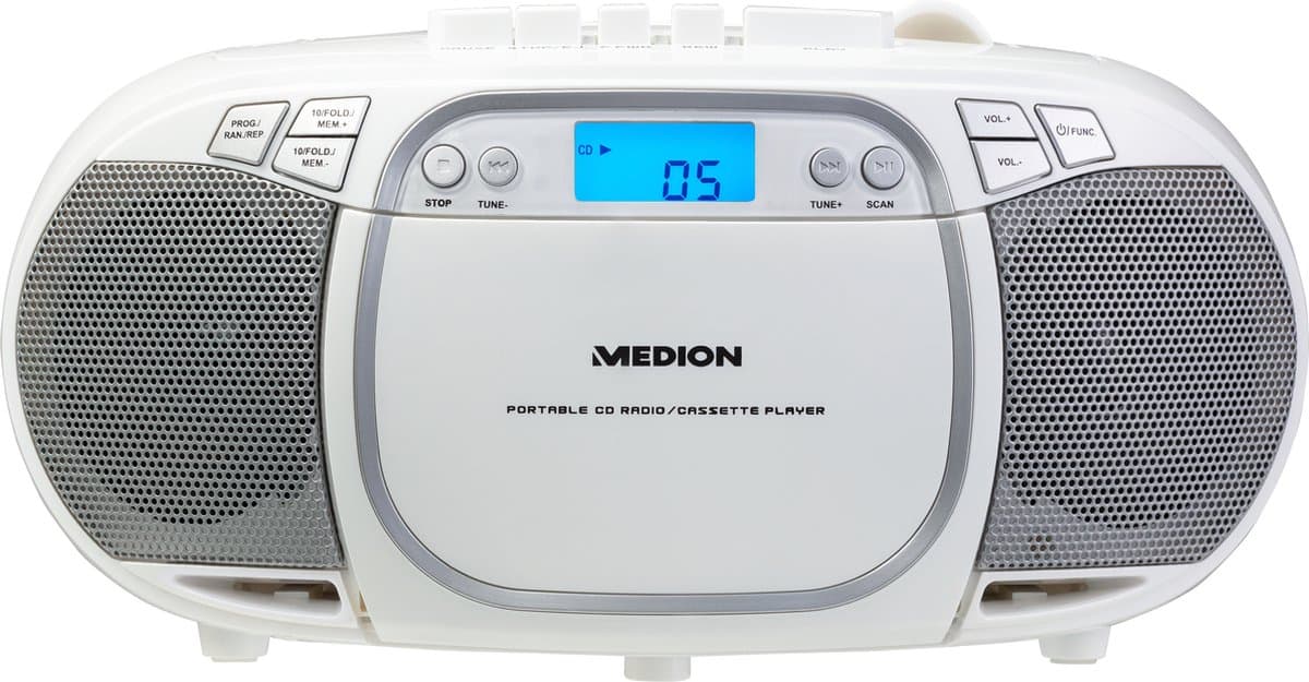 MEDION E66476 Stereo Sound Systeem (Boombox, CD-speler, MP3, cassette, draagbare cassettespeler voor kinderen, FM-radio, AUX, hoofdtelefoon, netstroom & batterij), wit — afbeelding 1