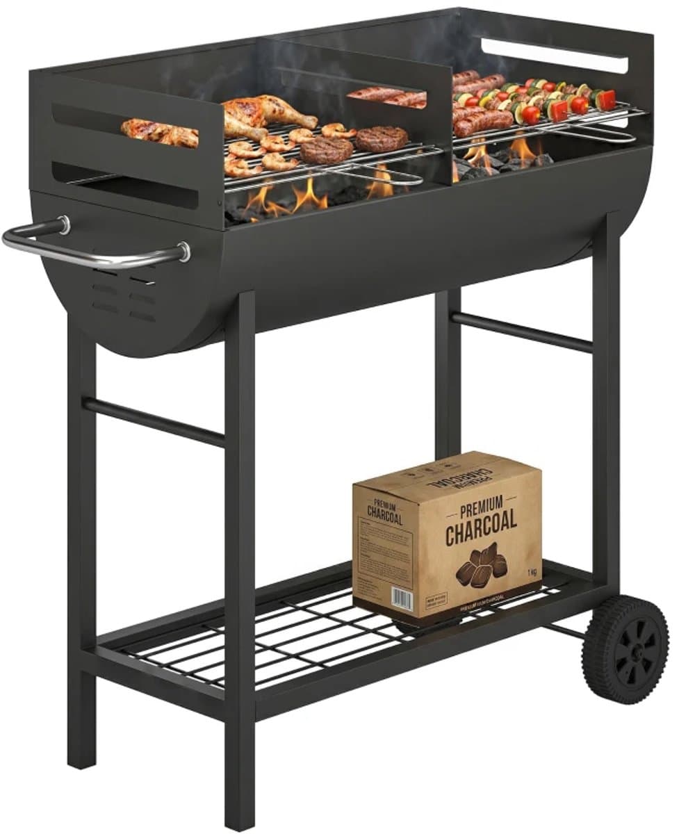 Premie Houtskool Barbecue - Smoker Barbecue met 2 Grillzones - in Hoogte Verstelbaar - Barbecuegrill - Grillwagen - Grillrooster - Houtskoolgrill met Wielen & Handgreep - BBQ voor buiten, tuin - Zwart — afbeelding 1