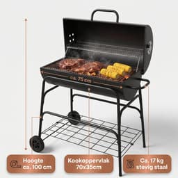 Cheqo® Houtskoolbarbecue - Cilinder BBQ op Wielen - Verrijdbare BBQ - Barbecue op Wielen - Houtskool Barbecue - Grillrooster - Ventilatieroosters - Tuin Barbecue - Warmhoudrek - Asopvangbak - Buiten Barbecue - Grillen op Houtskool - Deksel — thumbnail 2