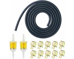Brandstoffilterset voor motorfietsen, inclusief 2 dieselfilters, 2,8 m brandstofslang voor grasmaaiers en 10 slangklemmen geschikt voor scooters, motorfietsen, grasmaaiers en motoren.