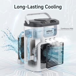 Ventilator - Draagbare luchtkoeler en ventilator - mini airco met 3 snelheden & 3 sproeistanden, 600 ml watertank, RGB-verlichting, oplaadbare mini-tafelventilator（grijs） — thumbnail 4
