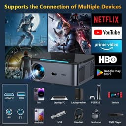 Xiwbsy - Beamer - Projector Beamer - Projector 4k - 1080P - Automatische focus - met WiFi 6 - 25000 Lumens - Buiten- en thuisprojector - Android 4K - Zwart — thumbnail 3
