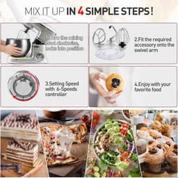 Keukenmachine - Standmixer Keukenrobot - Culinaire Bereidingen - Krachtige 1800W Motor - 6.5 Liter Kom - Zilver — thumbnail 3