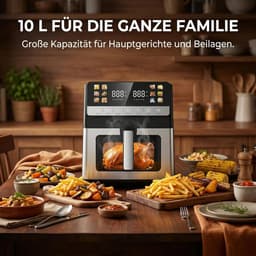 Heteluchtfriteuse XXL - Airfryer Keukenapparaat - Vetarm Koken - Twee Verwarmings-elementen - 10 Liter Capaciteit - Zilver Vierkant — thumbnail 4