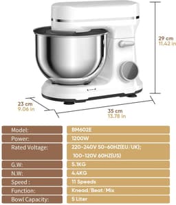 Keukenmixer - Keukenmachine - Foodprocessor - Keukenrobot - 1200W - OLED Touchscreen – 11 Snelheden – 5L RVS Mengkom – Elektrische Foodmixer - Wit — thumbnail 3