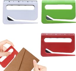 3-in-1 briefopener met liniaal en vergrootglas in rood, blauw en wit, ideaal voor efficiënt openen van post, snijden van papier en nauwkeurig meten — thumbnail 1