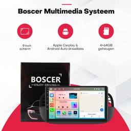 Boscer Autoradio - Geschikt voor Fiat 500 2007-2015 - Android 15 - Apple Carplay & Android Auto (Draadloos) - 4+64GB - 9 Inch HD IPS Touchscreen - GPS, WIFi, Bluetooth, USB, MP5 - Zwart - Achteruitrijcamera & Microfoon — thumbnail 2