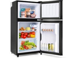 Cool en vriezercombinatie, 86,8 cm hoog, 45,5 cm breed, dubbele deur, met een totaal van 60 liter, 22 liter vriezervolume, 38 liter koelvolume. 102 kWh/jaar, LED -licht. Premium zwart [energieklasse e]