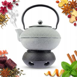 Gietijzeren theepot 1.5L met brander en RVS zeef - Zwart/Grijs — thumbnail 1