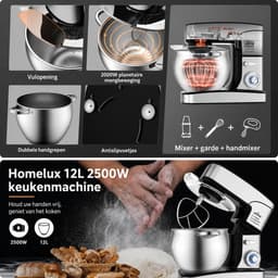 Homelux Keukenmachine 12L – Mixer met Mengkom RVS – Planetaire Mixer 2000W – Deegkneder – Keukenmixer met Garde & Klopper – — thumbnail 4
