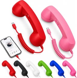 Retro Telefoonhoorn - USB-C Bedrade Handset met Microfoon - Geschikt voor iPhone & Android met USB-C - Vintage Telefoonhoorn voor Bellen, Videogesprekken & Vergaderingen - 2 Stuks - Rood & Roze — thumbnail 1