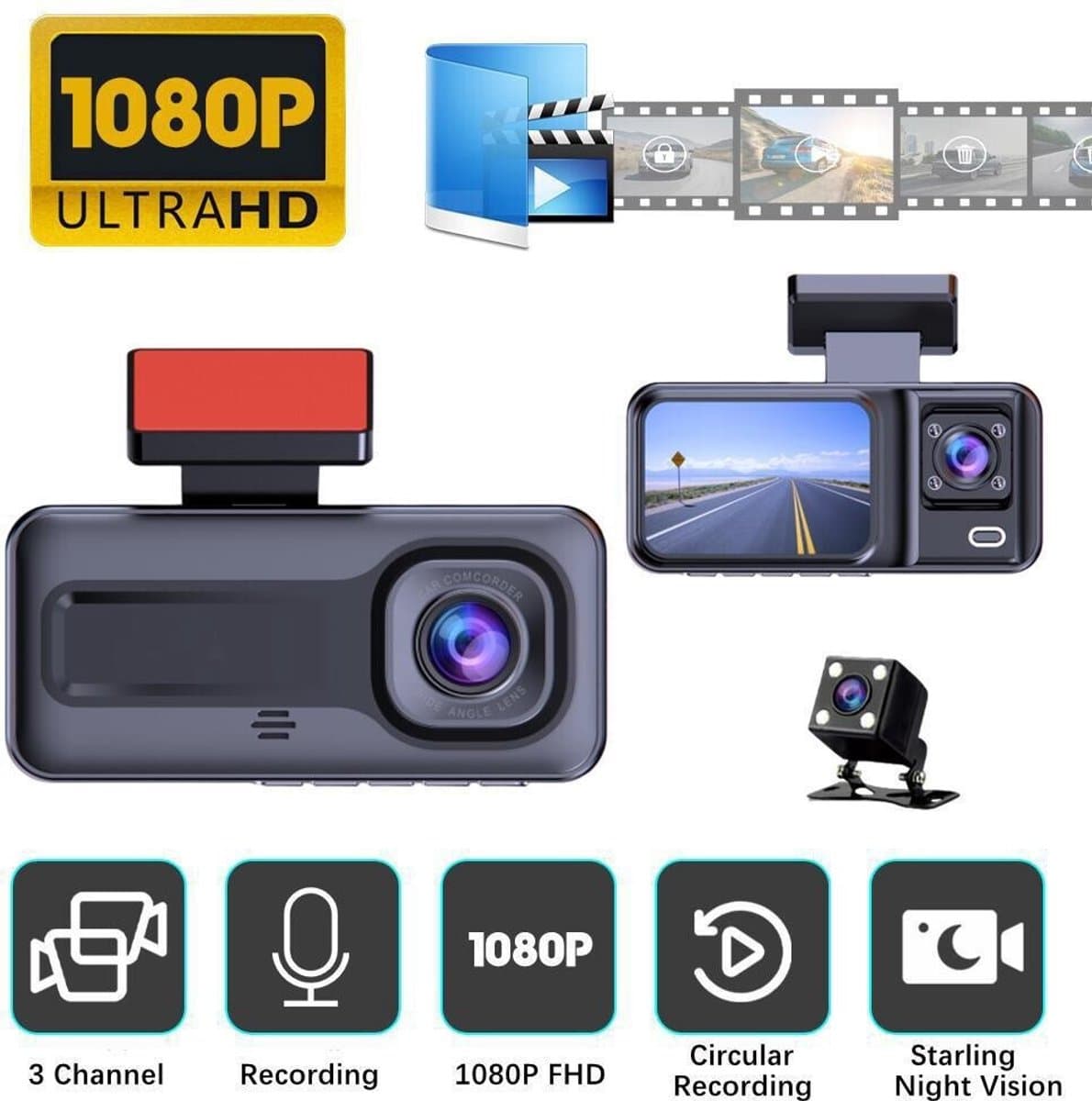 2-inch HD nachtzicht drievoudige lens DVR + wifi — afbeelding 1