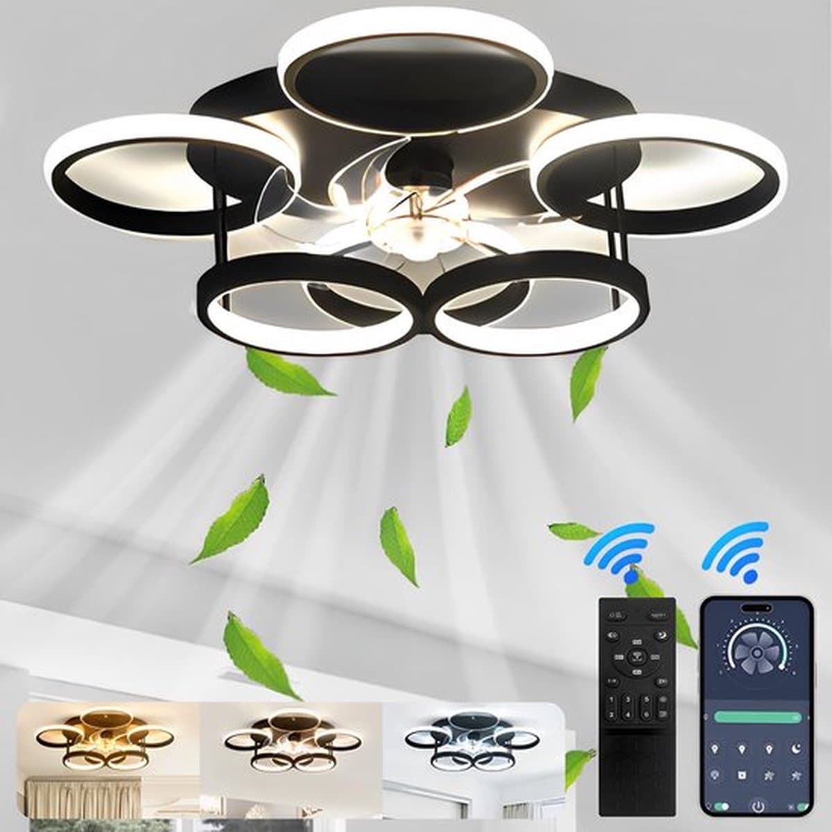 6 Cirkel Plafondventilator - Zwart - 6 Snelheden - Dimbaar Met Afstandsbediening en APP - Moderne Smart Lamp Ventilator — afbeelding 1