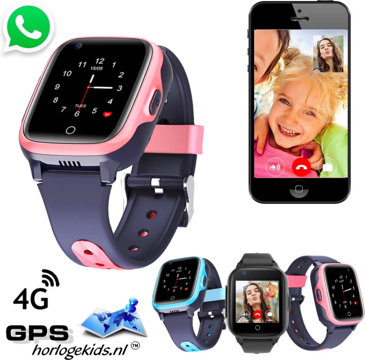 GPSHorlogeKids - GPS horloge kind – smartwatch kinderen – WhatsApp – 4G videobellen – spatwaterdicht – GPS tracker – SOS alarm – incl. simkaart en online installatie hulp – Fox Roze — afbeelding 1