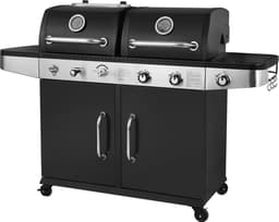 SUMM – Hybride Barbecue MAGNUS – Gasbarbecue & Houtskool BBQ – 2 Grillroosters 48x42 cm – Zijbrander – Opbergkast – Verrijdbaar – Zwart/RVS - Hoogwaardige kwaliteit — thumbnail 1