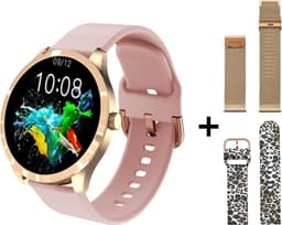 Belesy® BQSiRgPk Pro - Smartwatch Dames – Smartwatch Heren - Horloge - 1.28 inch - Kleurenscherm - Stappenteller - Bloeddruk - Hartslag - 75+ Wijzerplaten – Sporten – Goud – Siliconen – Roze – 2 extra polsbanden - Cadeau - Kerstcadeau — thumbnail 1