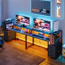 Gaming Bureau met LED Verlichting - 150L x 115H x50B cm - Hoekbureau met Stopcontact - 3 Non Woven Lade - Gaming Desk - Computer Tafel - Gaming Tafel - met Opbergplanken & IJzeren Haak - Zwart - Bureau voor Gamen, Studeren en Werken — thumbnail 5