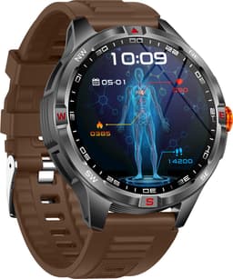 Knobbout 1.46” Scherm Sport Smartwatch met Extra Lange Batterijduur – 1000mAh - LED-zaklamp & kompas - AI Spraakassistent - Bluetooth Bellen - 100+ Sportmodi, IP68 Waterdicht -Bruin Silicone — thumbnail 3