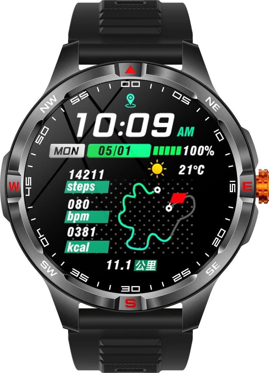 Knobbout 1.46” Scherm Sport Smartwatch met Extra Lange Batterijduur – 1000mAh - LED-zaklamp & kompas - AI Spraakassistent - Bluetooth Bellen - 100+ Sportmodi, IP68 Waterdicht -Zwart Silicone — afbeelding 1