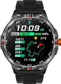 Knobbout 1.46” Scherm Sport Smartwatch met Extra Lange Batterijduur – 1000mAh - LED-zaklamp & kompas - AI Spraakassistent - Bluetooth Bellen - 100+ Sportmodi, IP68 Waterdicht -Zwart Silicone — thumbnail 1