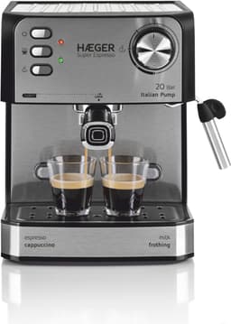 Haeger Super Espresso Pistonmachine - Espressomachine - 20 Bar - Koffiemachine Met Stoompijpje - Kopjesverwarmer - Coffee Machine - RVS - Zilver — thumbnail 1