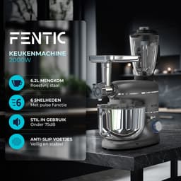 Fentic Keukenmachine – 2000W – Keukenrobot – Foodprocessor - 6,2L Mengkom – Incl. Vleesmolen, Blender en extra Accessoires – Antraciet — thumbnail 2