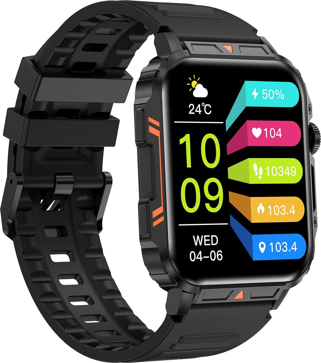 Knobbout 1.95” Scherm Smartwatch – Bluetooth Bellen - Hartslag - Bloeddruk & SpO₂-meting - AI Spraakassistent- Bluetooth 5.2 - 340mAh batterij - Zwart staal+silicone band — afbeelding 1
