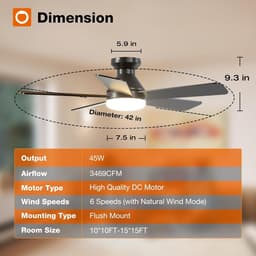 Plafondventilator 5 blad Ø105cm zwart - stille ventilator – memory - 2 kleuren bladen - top kwaliteit - energie zuinig – met remote - ventilator voor laag plafond - 6 snelheden – beste alternatief voor airco - zomer en winter stand — thumbnail 5