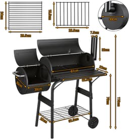 Houtskoolbarbecue met Smoker, 2-Kamer BBQ-wagen met Wielen, Rookbarbecue voor Vlees en Vis, Zwart — thumbnail 2