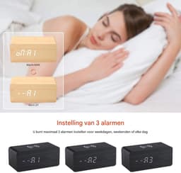 QTTVBTNA -Digitale wekker, houten design, elektronisch led-display, tijd- en datumweergave, temperatuur- en vochtigheidsmeting, 3 alarminstellingen, 3 helderheidsniveaus, geschikt voor thuis, slaapkamer, kantoor en op reis - zwart — thumbnail 5