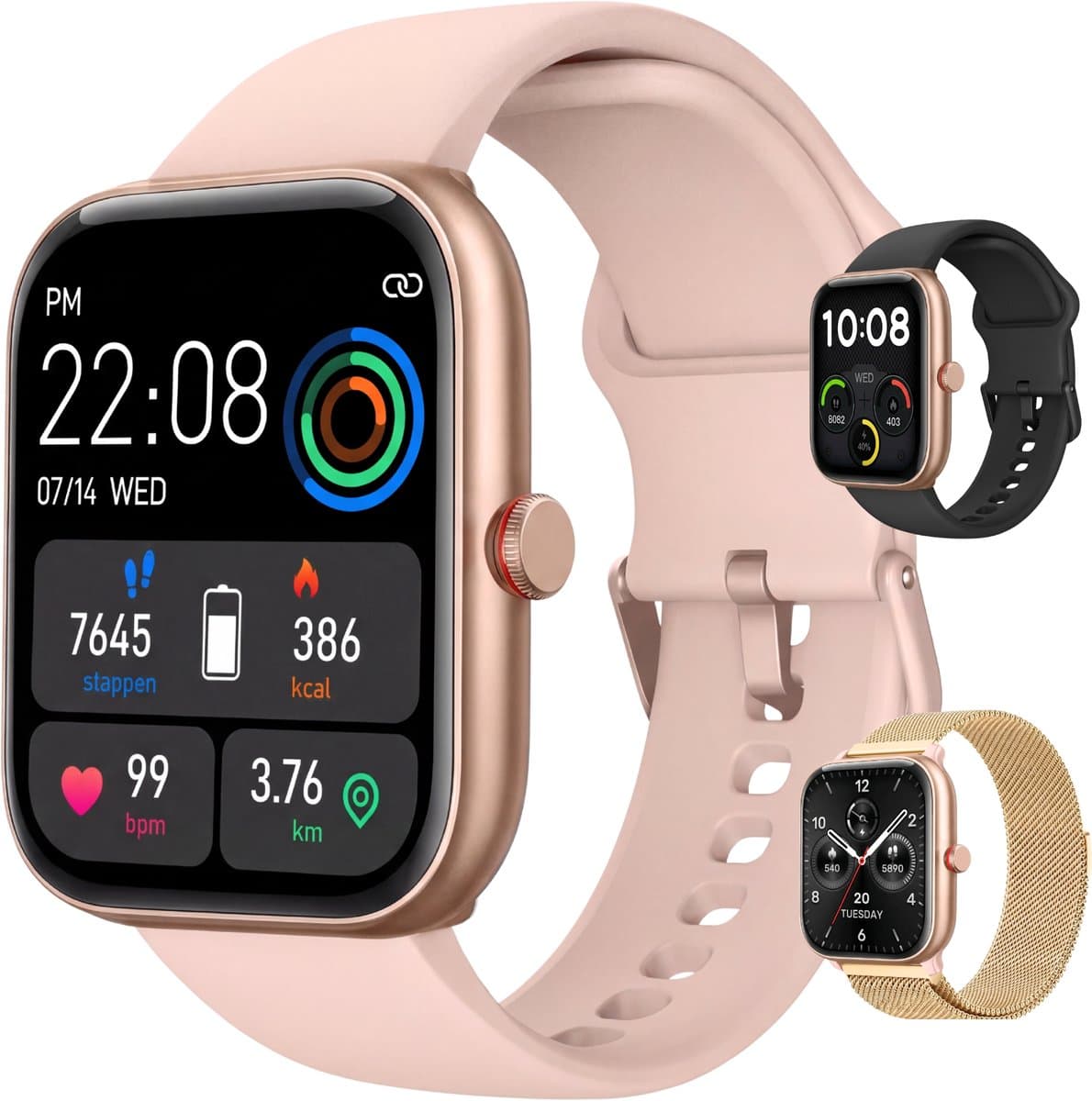 SAMMIT Luxe Smartwatch Dames Rosé Goud - Slaapmonitor - Stappenteller - Saturatiemeter - Geschikt voor IOS en Android - Full HD - Met 3 Bandjes — afbeelding 1