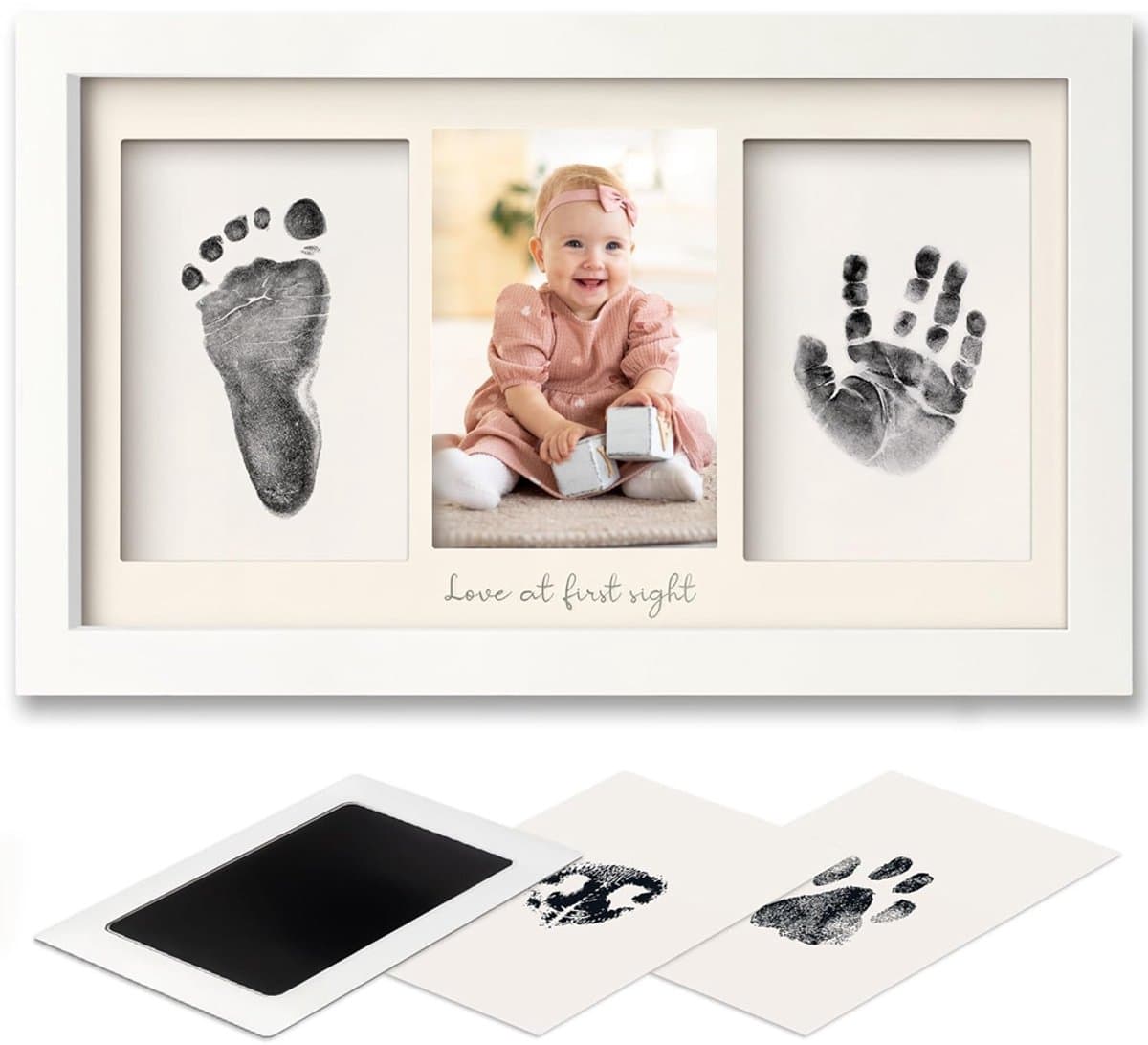 Set met hand- en voetafdrukken van de baby, Inktkussen voor baby's, Herdenkingsfotolijstje, Kan worden neergezet of aan de muur worden gehangen, Wit. — afbeelding 1