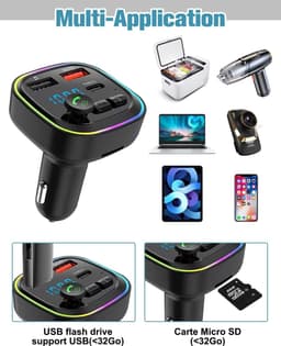 Bluetooth Transmitter - Bluetooth 5.3 FM-zender - Carkit - handsfree draadloze autoadapter - snel opladen - draadloze Bluetooth MP3-speler - handsfree bellen - USB-ondersteuning - 2 USB 5V/3A-poorten en 1 Type-C-poort — thumbnail 5