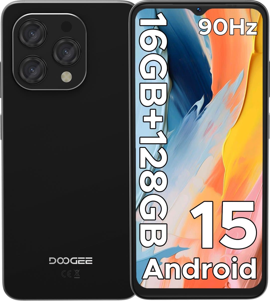 DOOGEE N55 - Smartphone - 16 GB RAM + 128 GB ROM(2TB/TF) - 6.56 inch + 90Hz IPS - 4G Dual SIM - 5150mAh - Android 15 - 5G WiFi - Face ID - GPS - Widevine L1 - Zwart — afbeelding 1