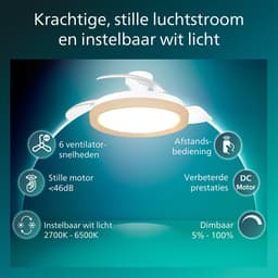 Philips Bliss Plafondventilator met ingebouwde LED-lamp - 3 Intrekbare bladen, diameter: 106cm - 4500 Lumen - Instelbaar wit licht van 2700K tot 6500K - Dimbaar tot 5% - Afstandsbediening - Hout — thumbnail 3